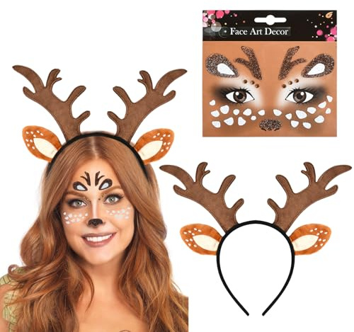 QIZHIQIAMY Geweih Haarreif, Reh Geweih Haarreif, Hirschgeweih Haarreif, Haarreif Reh Kinder, Reh Haarreif Damen, Reh Kostüm Damen mit Reh Tattoo Gesicht für Weihnachten, Karneval, Cosplay