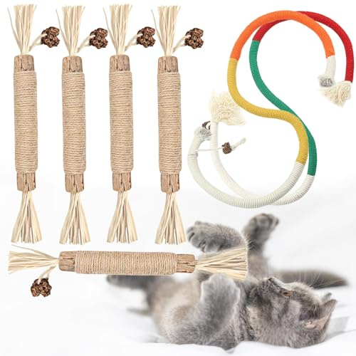 Aruigu 7 Stück Katzenminze Sticks, 2 Beißseilen für Katzen und 5 Stück Katzen Kauhölzer Sticks für Zahnpflege & Gegen Mundgeruch Natürlich Sicher Katzensticks Kausticks (katzenspielzeug)