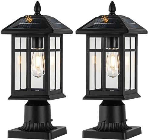 Brilvibera Solar Post Lights 2 Packs, Waterproof Post Lantern with Pier Mount Base, Aluminum Post Lamp Warm White Bulb Included for Yard Garden Pillar Pole Pathway
