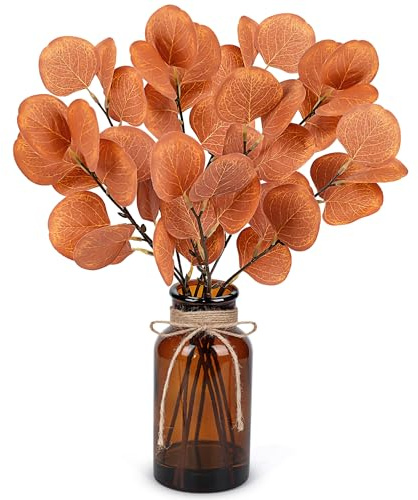 Der Rose Plantes artificielles 13,5 pour décoration d'automne, tiges d'eucalyptus artificielles dans Vase en Verre ambré avec Eau factice, pour Salle de Bain, Bureau, Maison, Mariage – Orange | Plantes d'automne artificielles avec tiges en fil de fer souple, cordon de jute, facile d'entretien, cadeau de pendaison de