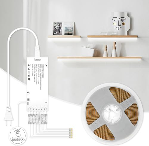 RYE Under Cabinet Led Light Strip kit,16.4ft/5m Cuttable 6500K,6 Outlets Power,Touch Switch&Dimmer,COB Strip for Kitchen Cupboard,Book Shelf,Floating Shelf,Wall Panel,Home Decor [Energy Class A]