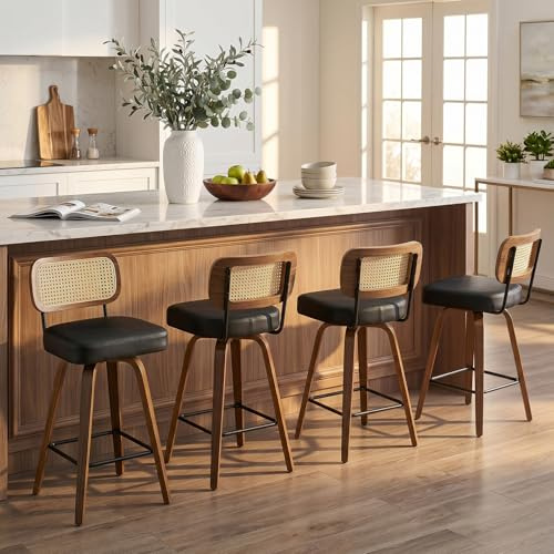 Bekrvio Barhocker 4er Set mit Lehne, 65 cm Sitzhöhe, 360° drehbar, Barhocker Rattan Holz mit Extra Dickem Sitz (7,1 cm), Stabile 4 Beine, Barstuhl für Kücheninsel & Essbereich Schwarz