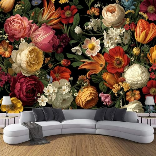 MIATCENRT Papel Pintado Barroco Fotográfico de Seda con Efecto 3D, Fantasía Floral, Tamaño Personalizado 3D, Puede Colocar en el Salón, Cocina, Dormitorio, Estudio, 300Anx210Al cm, Negro rojo