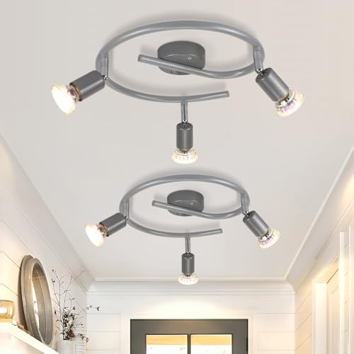 muyuua LED Deckenstrahler 3 Flammig Strahler: 2er Deckenlampe GU10 Rund | Spot 350° Schwenkbar 9W Decke Glänzend Silber Deckenleuchte 3000K Warmweiß Innen Deckenspot für Küche Wohnzimmer Schlafzimmer