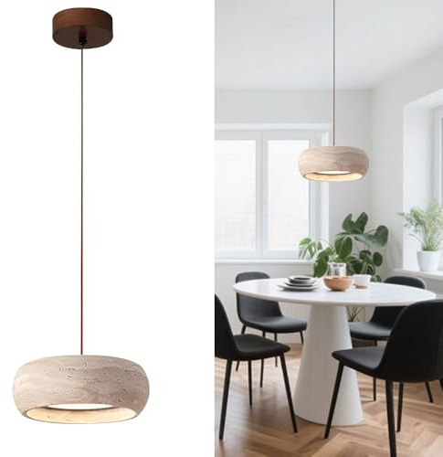 Lampada a sospensione Wabi-Sabi, lampada a sospensione con paralume in pietra naturale di travertino e base rotonda in legno, mini lampada a sospensione giapponese per isola cucina sala da pranzo