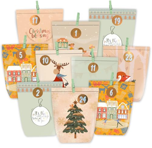 KOHMUI Adventskalender zum Befüllen, 24 Weihnachtskalender Papiertüten zum Selbstbefüllen, Adventstüten mit Zahlen Aufkleber zum Selber Basteln