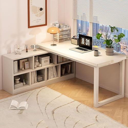 Computer Desk, Vaity Desk, Bedside Tables, L-shaped With Storage, Corer Desk With 2-tier Storage Shelves, Reversible Home, Wood Pc Table, White, 140x120x75cm(55x47x30inch)