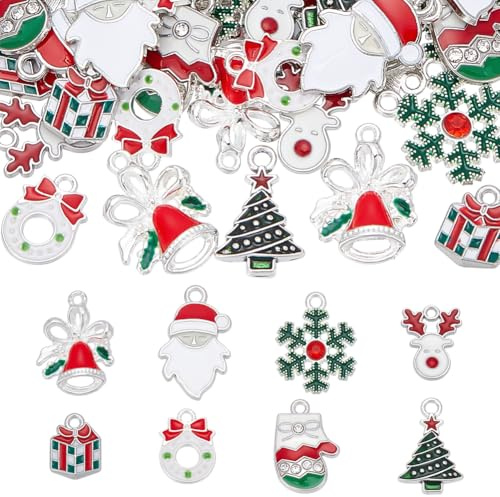 UNICRAFTALE 80 Stück 8 Stile Weihnachtsanhänger Halloween Weihnachtsanhänger Undurchsichtige Emaille Anhänger Mit Platin Schlaufe Schneemann Weihnachtsglocke Niedliche Anhänger Für Halskette Ohrringe
