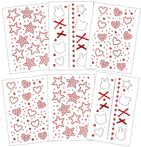SOFPLATE 1 Box 6 Blätter 3 Stile Selbstklebende Strasssteine Für Das Gesicht Zum Aufkleben Große Menge Rotes Band Schleife Herz Stern Bär Kaninchen Geformte Edelsteine Tattoo Für Gesicht Körper Augen
