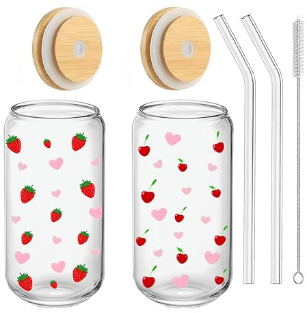 Uwenkjie 2-Pack Glass Cups with Lids & Straws - 500ml Jar Style Tumblers for Iced Coffee, Lemonade, Smoothies, Beer, Cocktails - Strawberry & Cherry Print Design