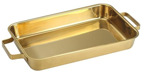 Fzaqwen Bandeja para Hornear de Pescado de Acero Inoxidable, Bandeja de Pescado con Manijas, Plato de Servicio Multifuncional para Lasaña, Oro 38cm, Individual
