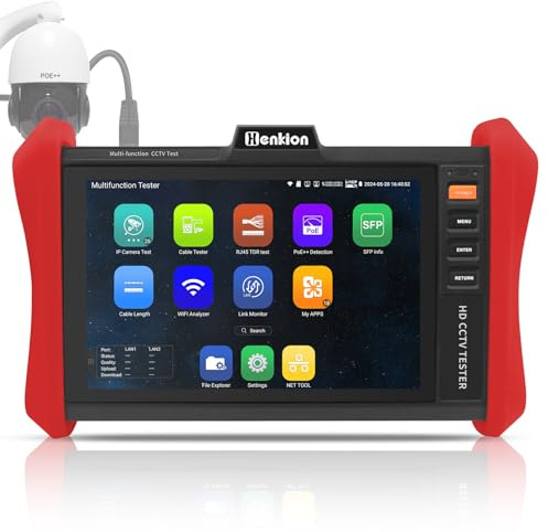 Henkion Monitor Probador de CCTV 4K 12MP Tester Cámaras IP POE++ Máx 90W Test Cámaras POE Pantalla Táctil IPS 8 pulgadas 1920x1200 Módulo SFP 1CH WiFi Herramientas Red Test Cables Detección POE E88