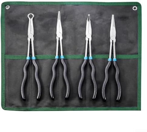 Long Nose Pliers, Straight and Curved Needle Nose Pliers Set with 0, 45, 90 Degree Angles for Electrical Work, Anti-Slip Rubber Handle Hand Tool for Precision Repair and Wiring(4pcs)