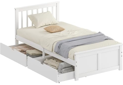 HOMCOM Bett 90 x 200 cm Bettrahmen mit Lattenrost, Schublade, Weiß | Aus Holz, Unterbettaufbewahrung, Einzelbett, Holzbett mit Kopfteil, Bettgestell für Schlafzimmer, Gästezimmer