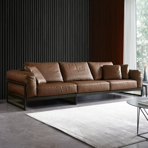 Italiensk modern minimalistisk brun lädersoffa, massiv träram, rymlig och mjuk soffa, modern stor storlek, lämplig för vardagsrum/kontor/lägenhet.