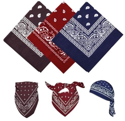 YAWYO 3-pack Bandanas, Multifunktionell Hårscarf med Paisleymönster, Unisex Pannband och Sjal för Herr och Dam, Cowboy-accessoarer (Kaffe, Vinröd, Marinblå)