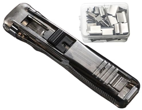 Portable Clip Stapler - Reusable Paper Binding Tool for Office Organization | Handheld Document Fastening Device with Metal Clips, Compact Desktop Accessory for School Files Bills Reports Books