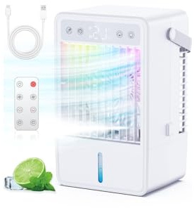 Enfriador de Aire con Depósito 1,5L - Aire Acondicionado Portatil 2 Ajustes de Bruma & 5 Velocidades de Flujo, Minuterie 2-10 Horas, Control Remoto, USB-C & Luz LED 7 Colores, Perfecto para Dormitorio