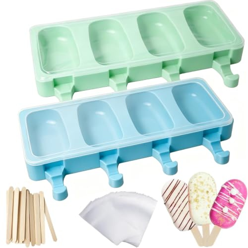Ice Lolly Moulds with Sticks, Non-Stick Ice Popsicle Moulds with Lid Reusable Silicone Ice Pop Cream Maker Cakesicle Moulds with 50 Sticks & 50 Bags for DIY Ice Cream