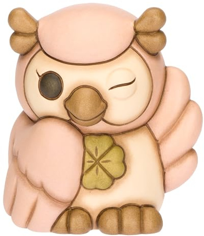 THUN - Gufo con Quadrifoglio rosa, ceramica