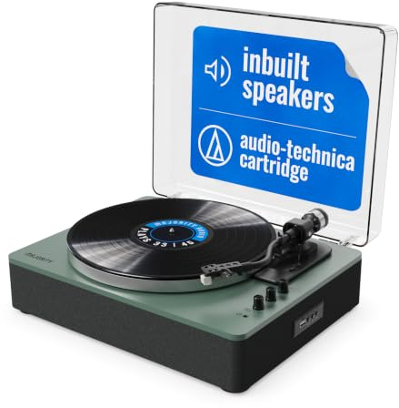 MAJORITY Folio Bluetooth Vinyl Record Player (Green) | Bluetooth Turntable with Built-in Speakers, Bluetooth In & Out, USB Recording, RCA & AUX, 33 & 45 RPM, Pitch Control