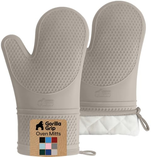 Gorilla Grip Premium Silicone Slip Resistant Oven Mitt Set, Soft Flexible Oven Gloves, Heat Resistant Kitchen Cooking Mitts, Protect Hands from Hot Surfaces, Cookie Sheets, Almond, Set of 2