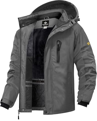 GEMYSE Herren Wasserdichte Berg-Skijacke Winddichte Fleece Outdoor-Winterjacke mit Kapuze (Eisen grau 08,2XL)