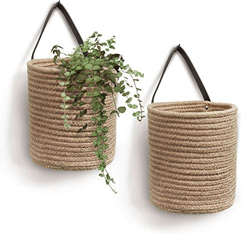 Gcroet Baumwollseil Hängende Aufbewahrungskörbe, 2 Stücke Jute Hängen Korb -small Gewebt Hängender Korb Blume Pflanzen, Jute Gewebt Korb, Gewebt Korb Hängende Blume Topf Wandhalterung Mit Griff, Gelb