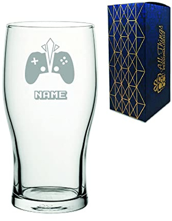 Personalised Engraved Pint Glass with Gaming Controller Name Design, Gift Boxed.