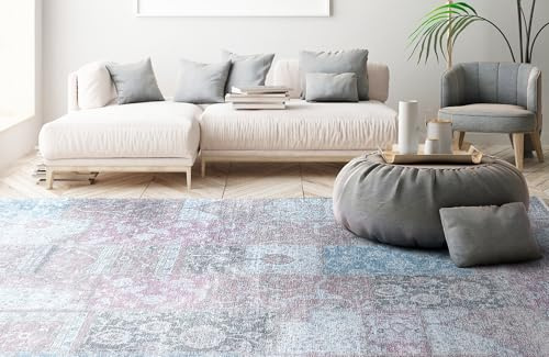 TESSO LIVING Kelim Patchwork Teppich Blau Rosa 155 X 225 cm - Maschinenwaschbar - Moderner Kurzflor Wohnzimmer Teppich - Super Soft