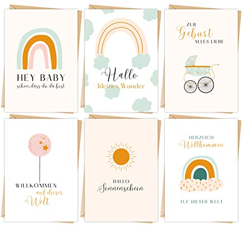 MaFab Products 6 x Hochwertige Karte zur Geburt - Glückwunschkarte Geburt für Mädchen und Jungen - Süße Geburtskarten für Baby als 6er Set mit Umschlägen aus Kraftpapier