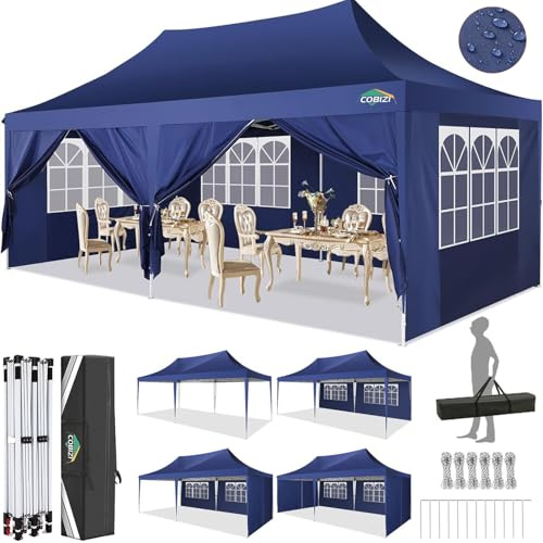 COBIZI Pavillon 3x6, Faltpavillon 3x6 Wasserdicht Stabil Winterfest, Sofort aufklappbare Vordächer Gartenzelt mit 6 Seitenteilen, Blau
