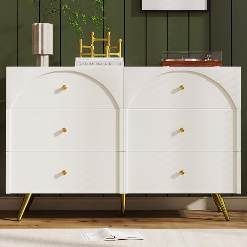 Merax Kommode mit 6 Schubladen, Weiß Sideboard Schubladenschrank, Modern Beistellschrank Mehrzweckschrank mit viel Stauraum, Highboard für Esszimmer, Wohnzimmer, Flur & Schlafzimmer, 120 x 40 x 85 cm
