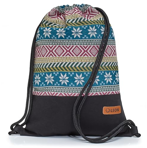 By Bers Leon großer Premium Turnbeutel mit Innentaschen Rucksack Tasche Damen Herren Teenager Gym Bag Draw String 45x34cm für Sport Reise Alltag Einkauf (TB_Boho_Schwarz_011)