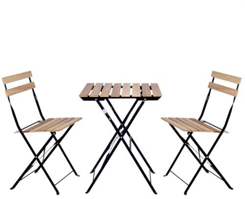 Set de 3 Muebles de Mesa y 2 Sillas, Jardín, Exterior, Plegables, Metal y Madera, para Terraza Estilo Retro, Estructura de Acero, tipo Bistró, Patas Antideslizantes, Balcones Pequeños, Terrazas
