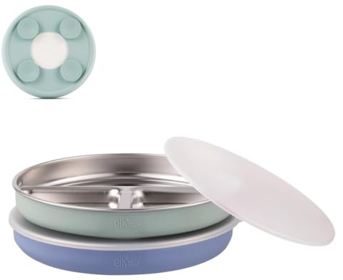 Elk and Friends Piatti divisi per bambini in acciaio inox con ventose in silicone, coperchi inclusi, adatti per neonati/bambini piccoli, lavabili in lavastoviglie, stoviglie, snack e snack, confezione