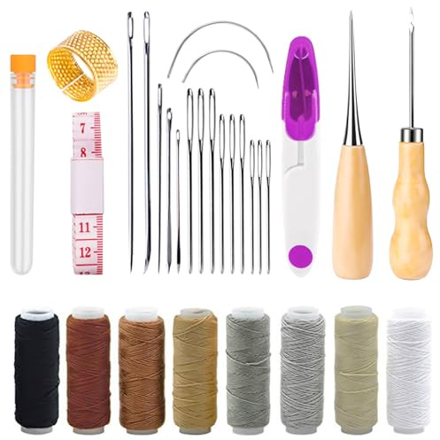 Gotetiso 30 Piezas Kit Costura Juego de Costura de Cuero con Agujas de Coser Anillo de Latón Herramientas Costura Herramientas de Mano para DIY Craft de Costura para Manualidades Reparación de Bolsos