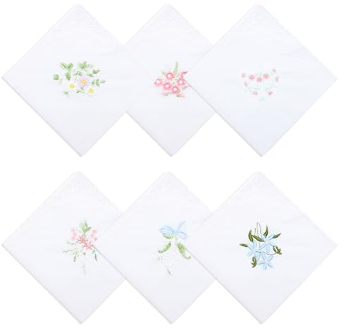 YYCLIPY 6 Pcs Handkerchiefs for Women | 100% Cotton with Satin Border and Matching Floral Embroidery Lace, Durable Easy Clean,28x28cm ,for Wedding Party Daily Use