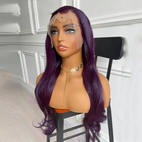 Parrucca sintetica da donna viola scuro resistente al calore, parrucca sintetica per uso quotidiano, parrucche ondulate naturali viola scuro 45,7 cm, pizzo frontale