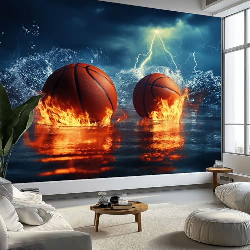 Generico Carta Da Parati Fotografica 3d Effetto Pallacanestro Fiamma Mare Moderna Design 200x140 cm Carta per Pareti Soggiorno Camera Da Letto Sala Fotomurali Non Tessuto, Blu