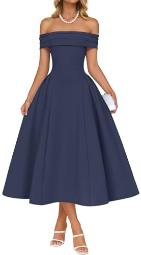 ZESICA Summer 2026 Cocktail Dresses for Women's Off Shoulder Short Sleeve Swing A Line Wedding Evening Party Midi Dress Navy Large
