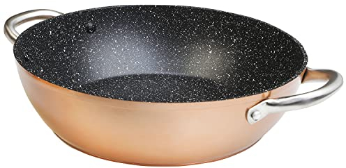 WECOOK! Professional Cazuela Baja Inducción 32 cm, Antiadherente Ecológico sin PFOA, Aluminio Forjado, Color Cobre, 2,8 mm Espesor, Asas de Acero Inoxidable, Vitrocerámica, Gas, Horno