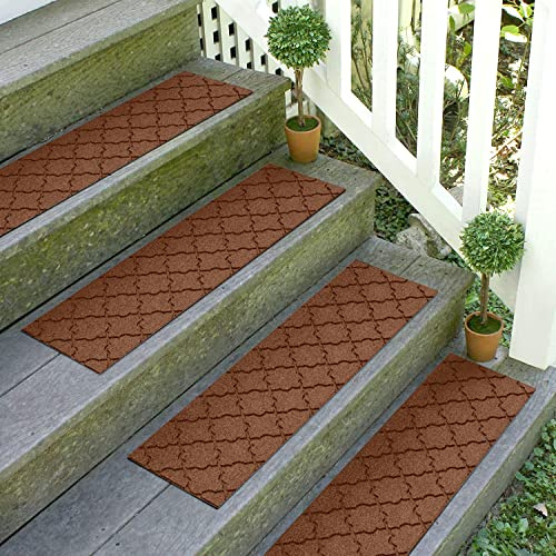 WaterHog Cordova Stair Treads Indoor Ourdoor Stairs, Absorbent All-Weather Stair Runner with Rubber Backing, Dirt & Moisture Trapper, Easy Clean Mat, Made in USA, 8.5x30, 4pcs, Dark Brown