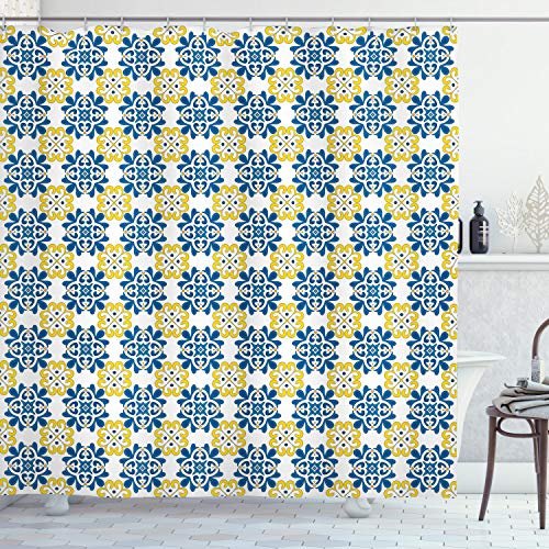 ABAKUHAUS Español Cortina de Baño, Baldosa Mosaico portugués, Material Resistente al Agua Durable Estampa Digital, 175 x 200 cm, Blanco Azul Amarillo