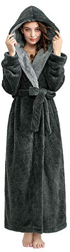PUTUO Longue Peignoir Hiver Femme: Robe de Chambre Chaud Femme Peignoir de Bain avec Capuche Cadeau de Noël Gris Taille XL