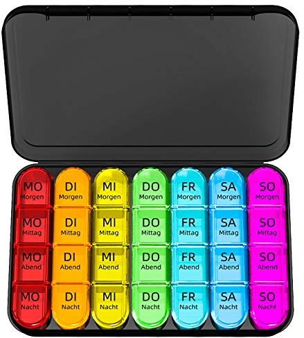 Doruimi Tablettenbox 7 Tage Morgens Mittags Abends, Klein Pillendose Große Fächer, Medikamentenbox 7 Tage 4 fächer mit Einfachem Offenem Design für Unterwegs - Schwarz