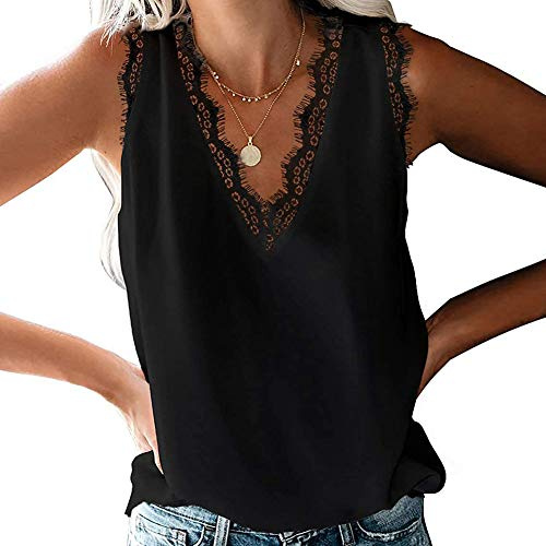 Bipily Mujer Camisa sin Mangas con Cuello en V y Encaje con Cuello en Informal sin Mangas Camisa Blusa Camisole Blouse Shirt Cami Tank Tops de Verano