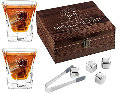 Maverton Set di Pietre da Whisky, in un cofanetto personalizzato | 8 cubetti di ghiaccio + 2 bicchieri, riutilizzabili, in granito, regalo compleanno uomo, regno