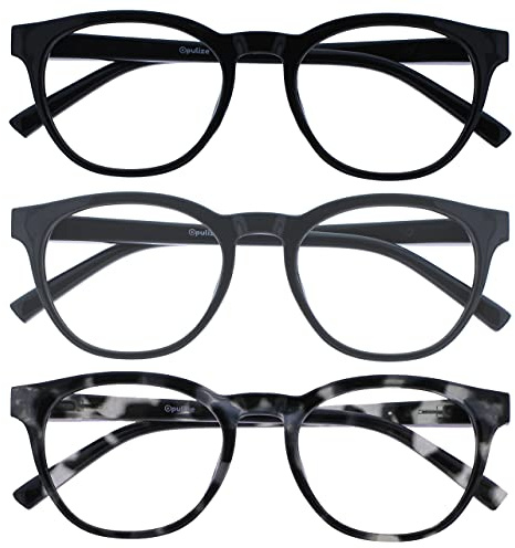 OPULIZE BLU Blaulichtfilter Lesebrille für Damen Herren, Blendfreie UV400-Schutz Federscharnier Anti-Müdigkeit, Runder Rahmen, Computerbrillen Gaming, 3er-Pack Schwarz Grau Schildpatt +1,50
