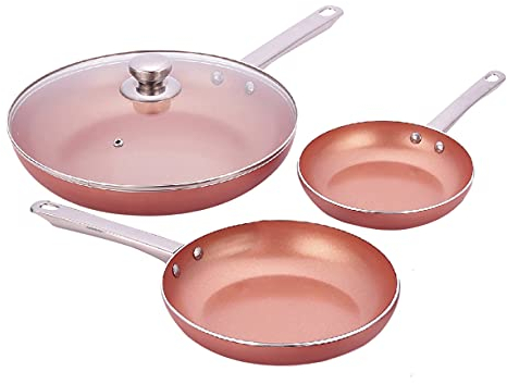 SILVANO - Set di padelle - Modello QTH-532 - Padelle antiaderenti - Rivestimento in Rame - Coperchio in Vetro - Lega d'alluminio - Lavabili in Forno e in lavastoviglie